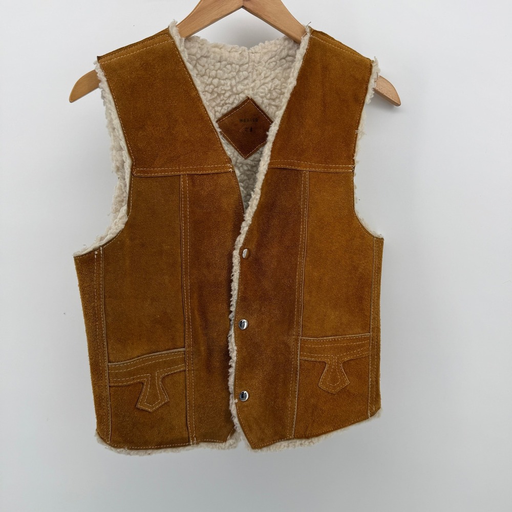Vintage Mexico Suede Leather Faux Shearling Lined Western Vest Tan Brown Mens 38